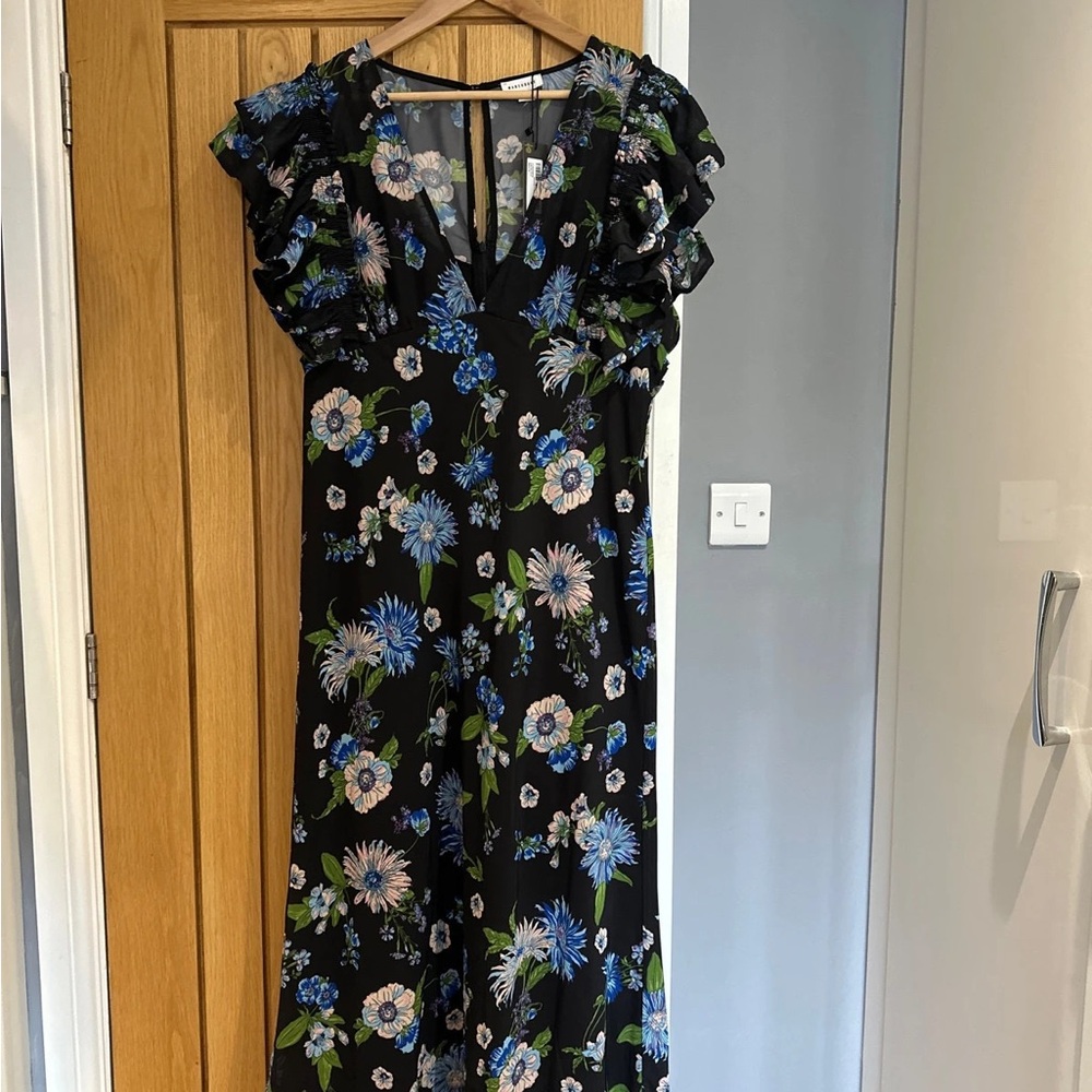 Warehouse Black Maxi Dress with Blue Floral Design